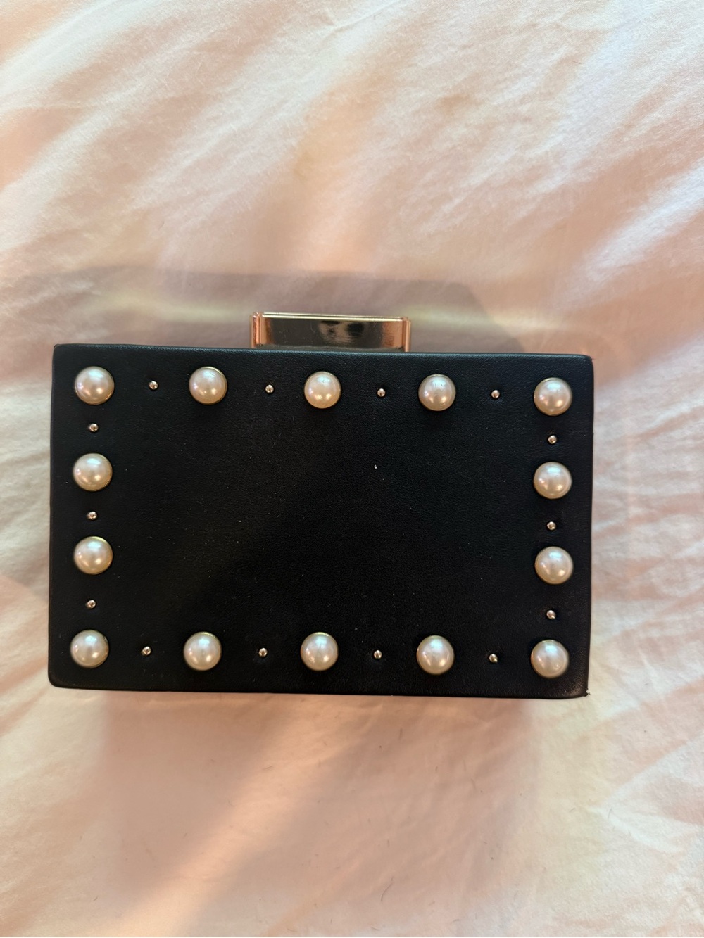 Zara Black Pearl-Embellished Box Clutch